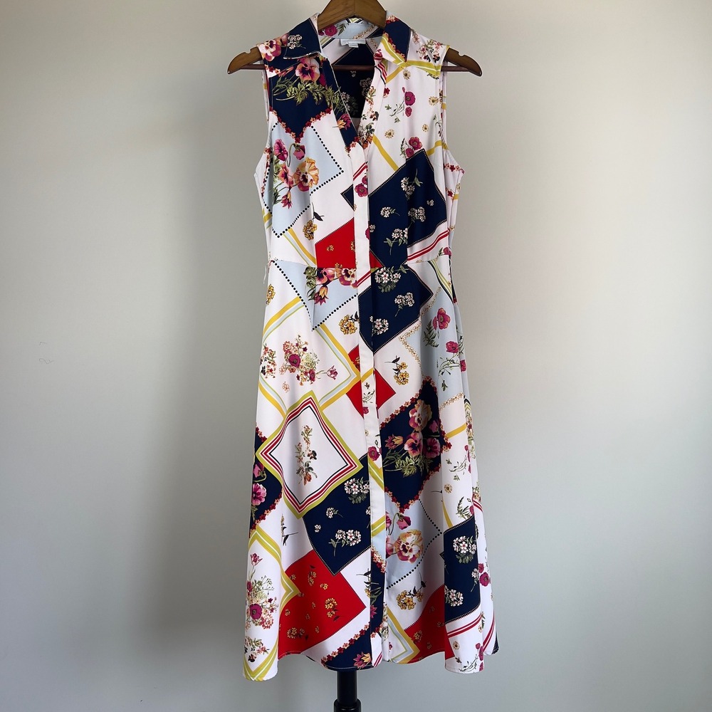 New York & Company Floral Patchwork Scarf Print Sleeveless Midi Dress Small